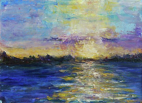 It is a painting of a sunset over a body of water.