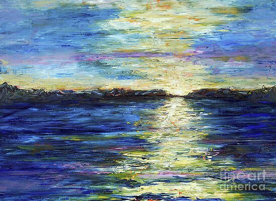 It is a painting of a sunset over a body of water.