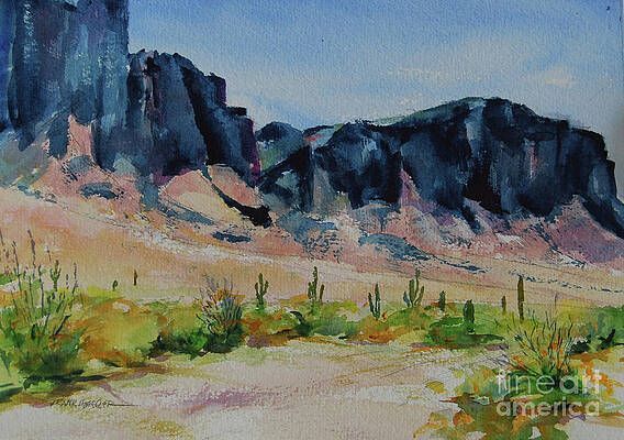 A watercolor painting of a desert landscape with mountains and cactus.