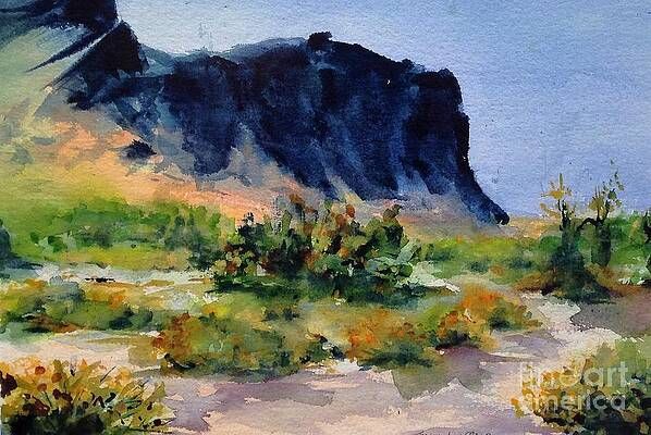 A painting of a landscape with a mountain in the background