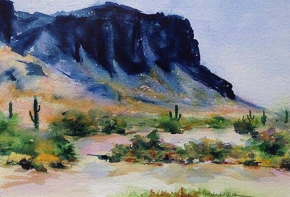 A painting of a desert landscape with mountains and cactus
