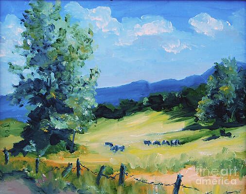 A painting of a field with a barbed wire fence and mountains in the background.