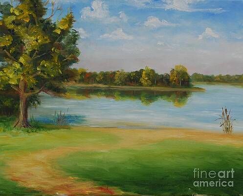 A painting of a lake with trees and a path leading to it.