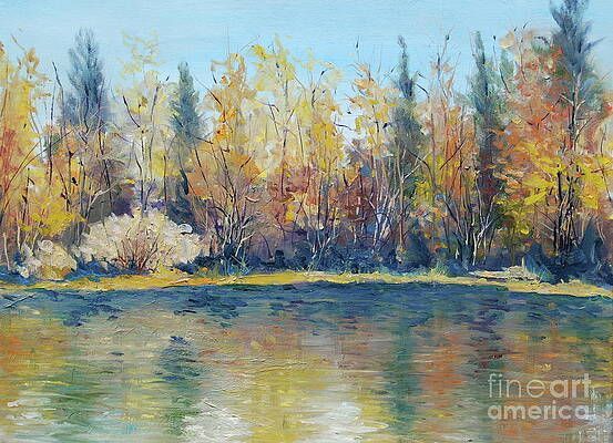 It is a painting of a lake with trees in the background.