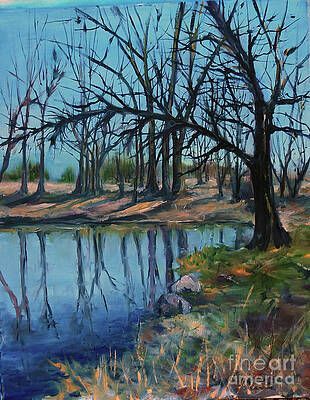 It is a painting of trees reflected in a lake.