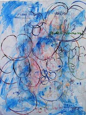 A painting of circles and hearts on a white background.