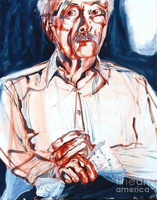 It is a painting of an older man with glasses and a mustache.