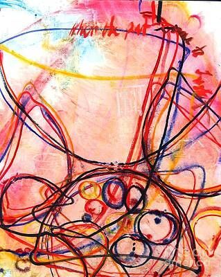 A close up of a colorful painting with circles and lines on a white background.