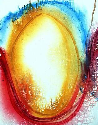 A close up of a painting of a yellow and blue object