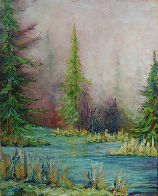 It is a painting of a river with trees in the background.