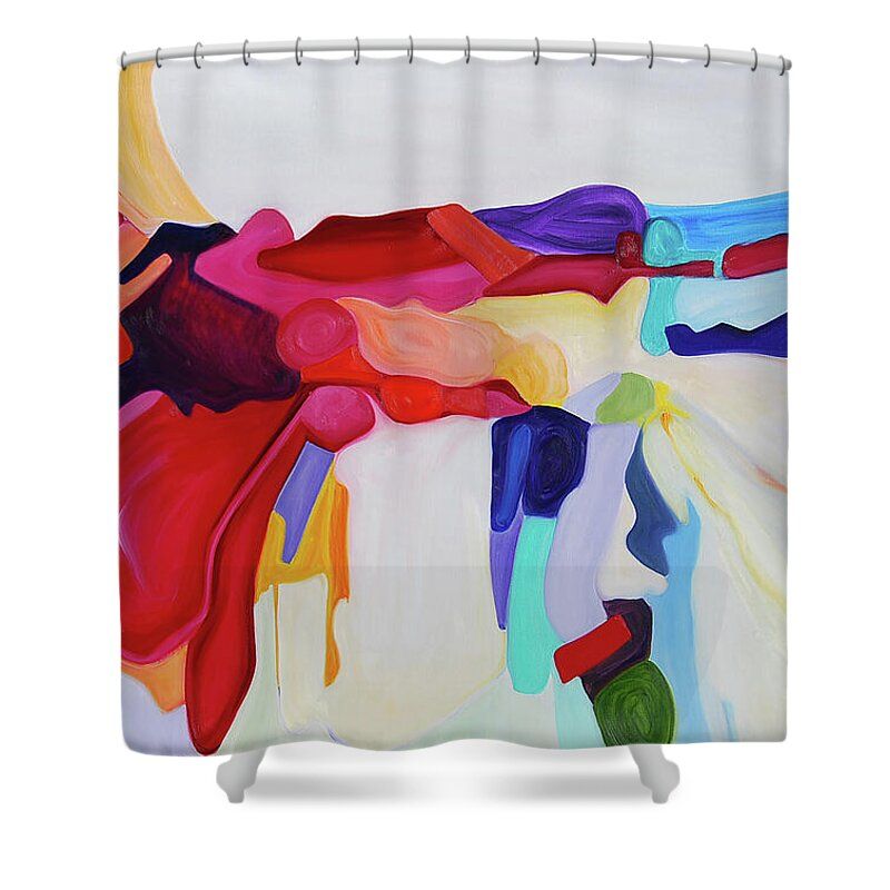 A shower curtain with a colorful painting on it