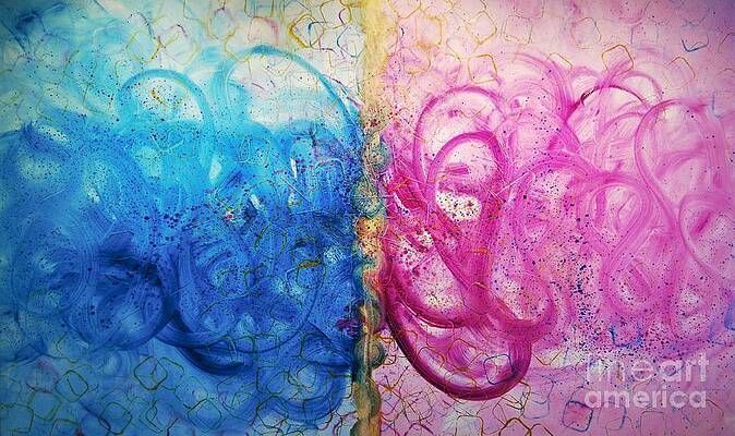 A blue and a pink painting of bubbles on a wall.