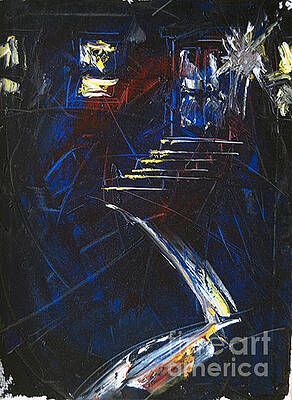 It is a painting of a staircase in a dark room.