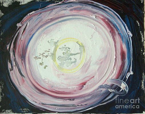 A painting of a cup and saucer with a yellow circle in the middle.