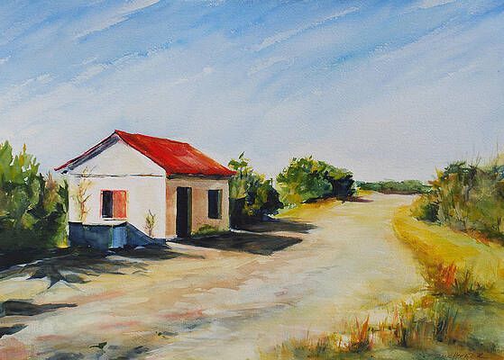 A painting of a white house with a red roof on a dirt road.