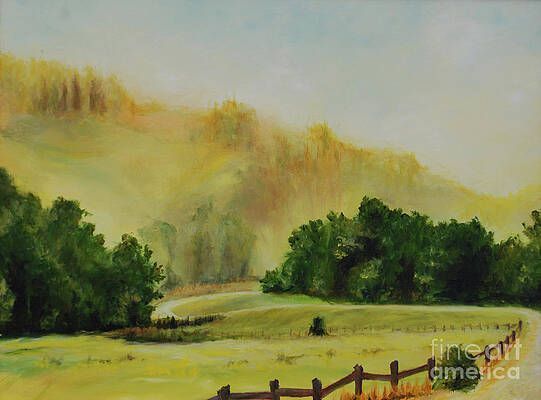 A watercolor painting of a field with a fence and mountains in the background.