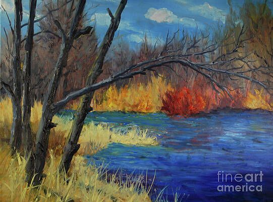 It is a painting of a river with trees in the background.