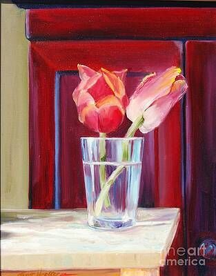 A painting of two tulips in a glass of water on a table.