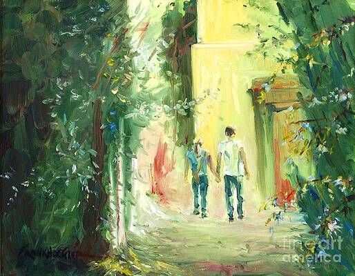 A painting of two people walking down a path holding hands.