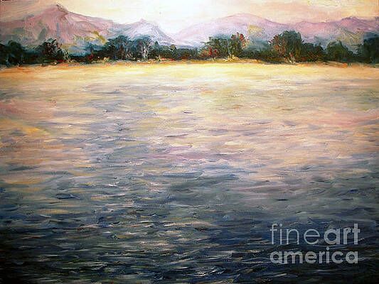 It is a painting of a lake with mountains in the background.