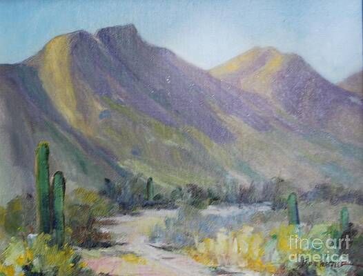 A painting of a desert landscape with mountains and cactus.