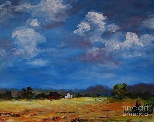 It is a painting of a field with a barn in the background.