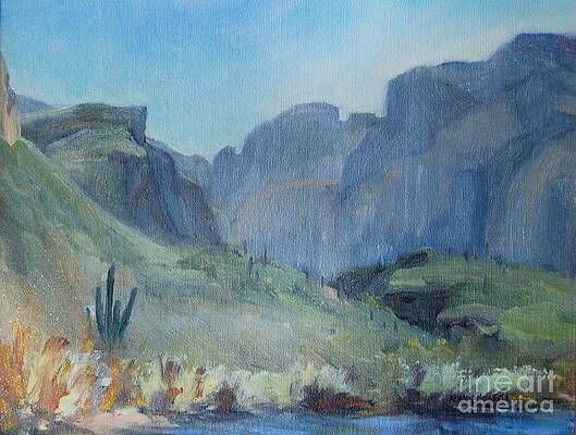 It is a painting of a landscape with mountains and a river.