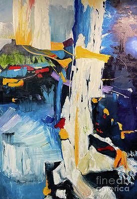 It is a painting of a waterfall with a lot of colors.