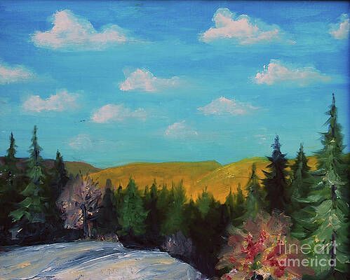 A painting of a road going through a forest with mountains in the background.