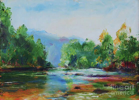 A painting of a river surrounded by trees and mountains.