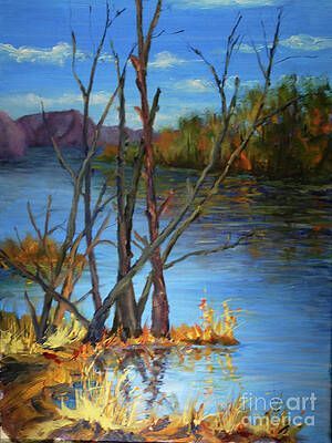 A painting of a house with trees in front of it and mountains in the background.