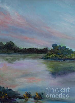 It is a painting of a lake with a sunset in the background.
