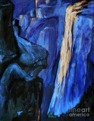 It is a painting of a waterfall in the mountains.