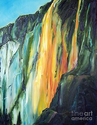 It is a painting of a waterfall on a mountain.