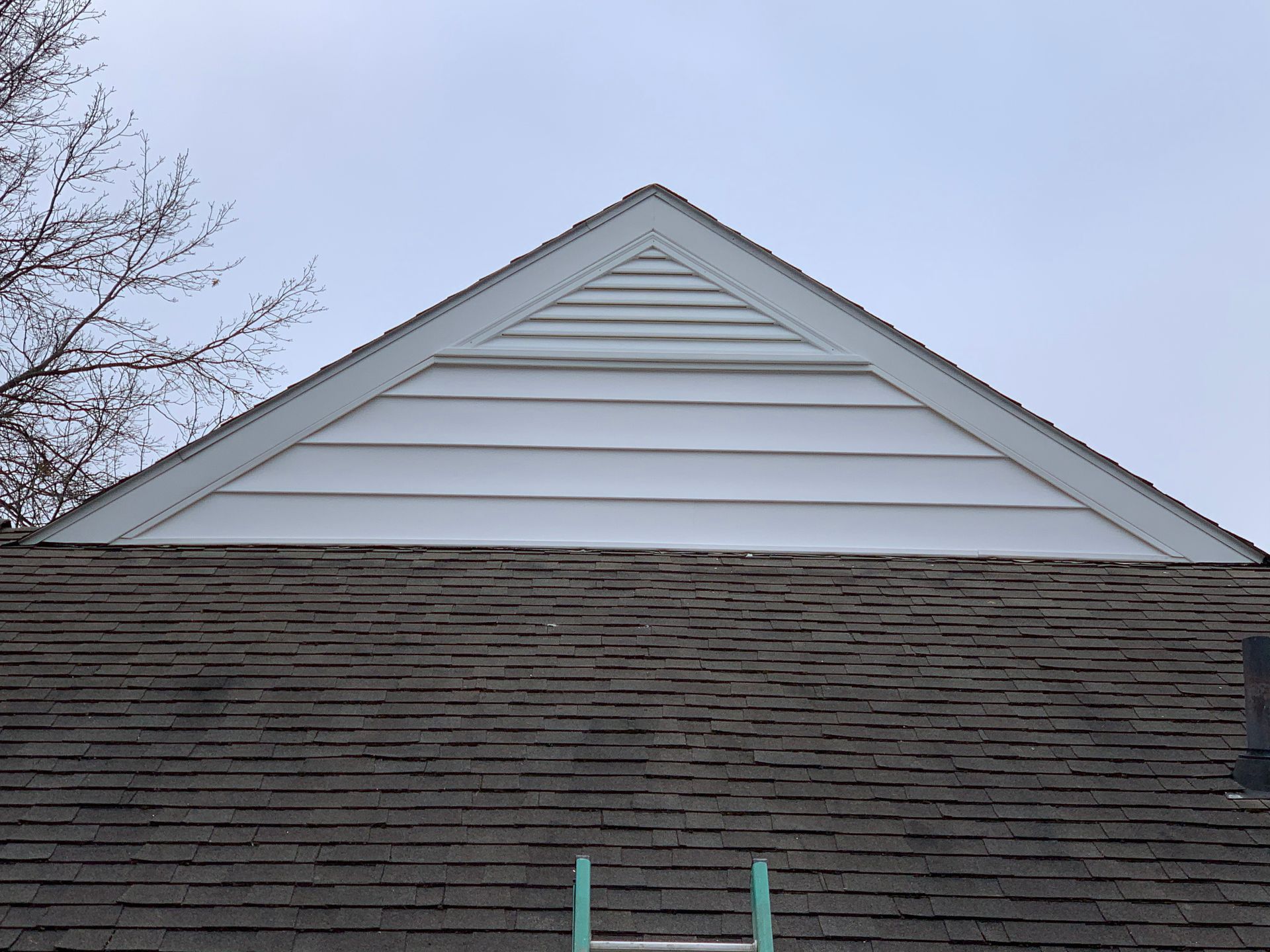 The roof of a house with a ladder attached to it.