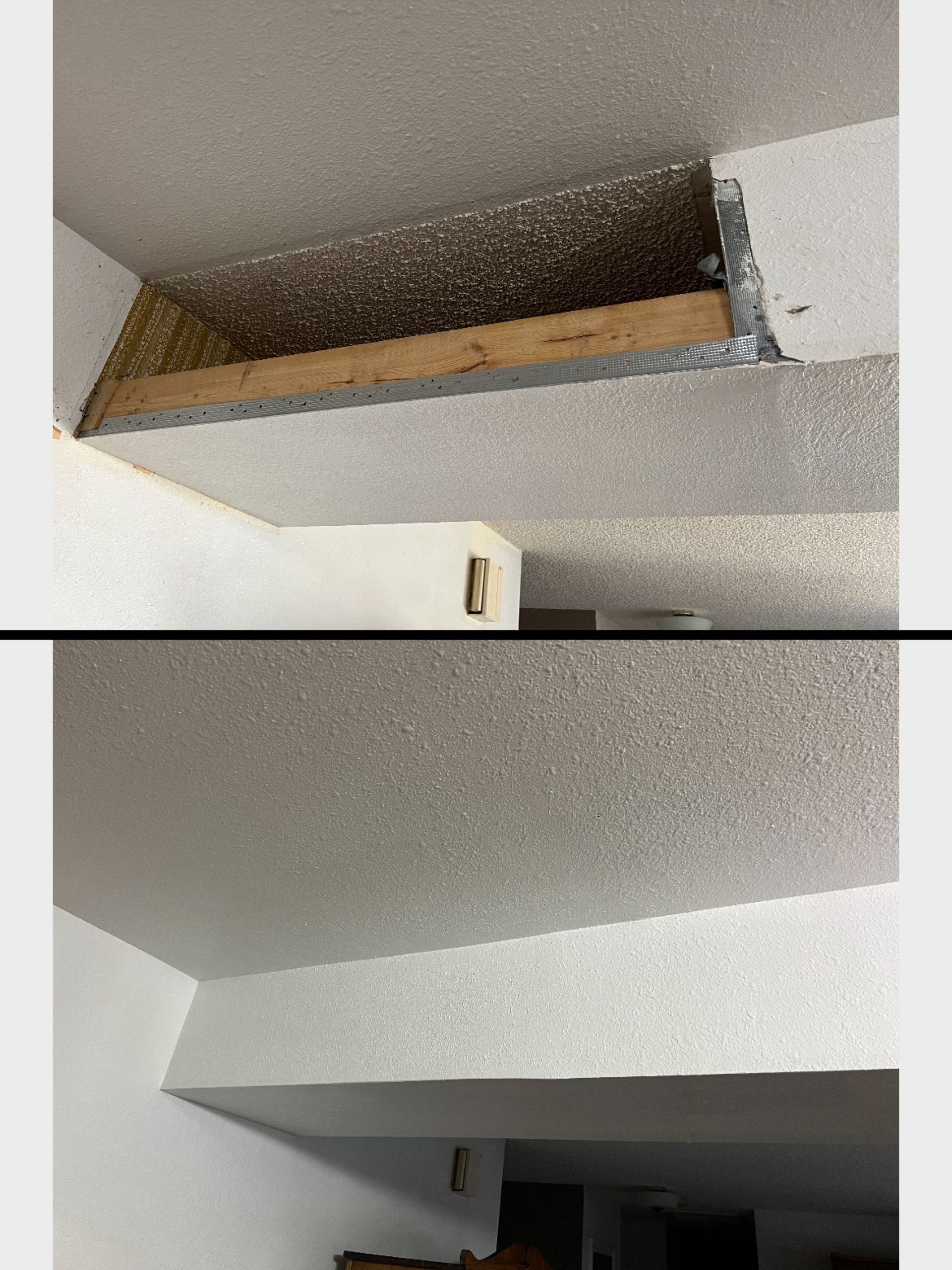A before and after picture of a ceiling with a hole in it