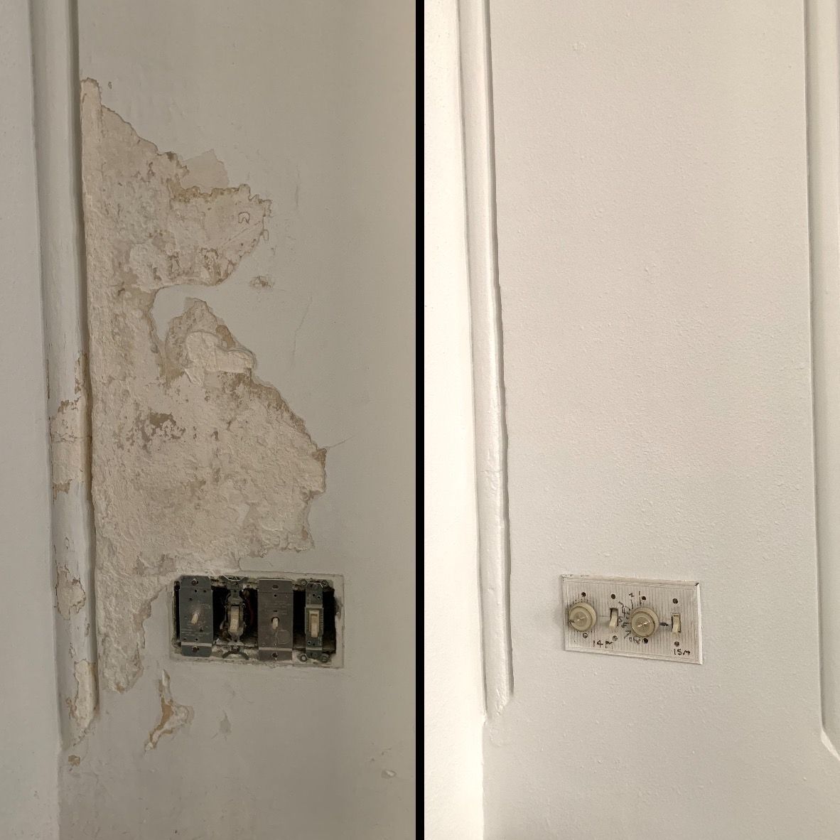 A before and after picture of a wall with peeling paint and a light switch.