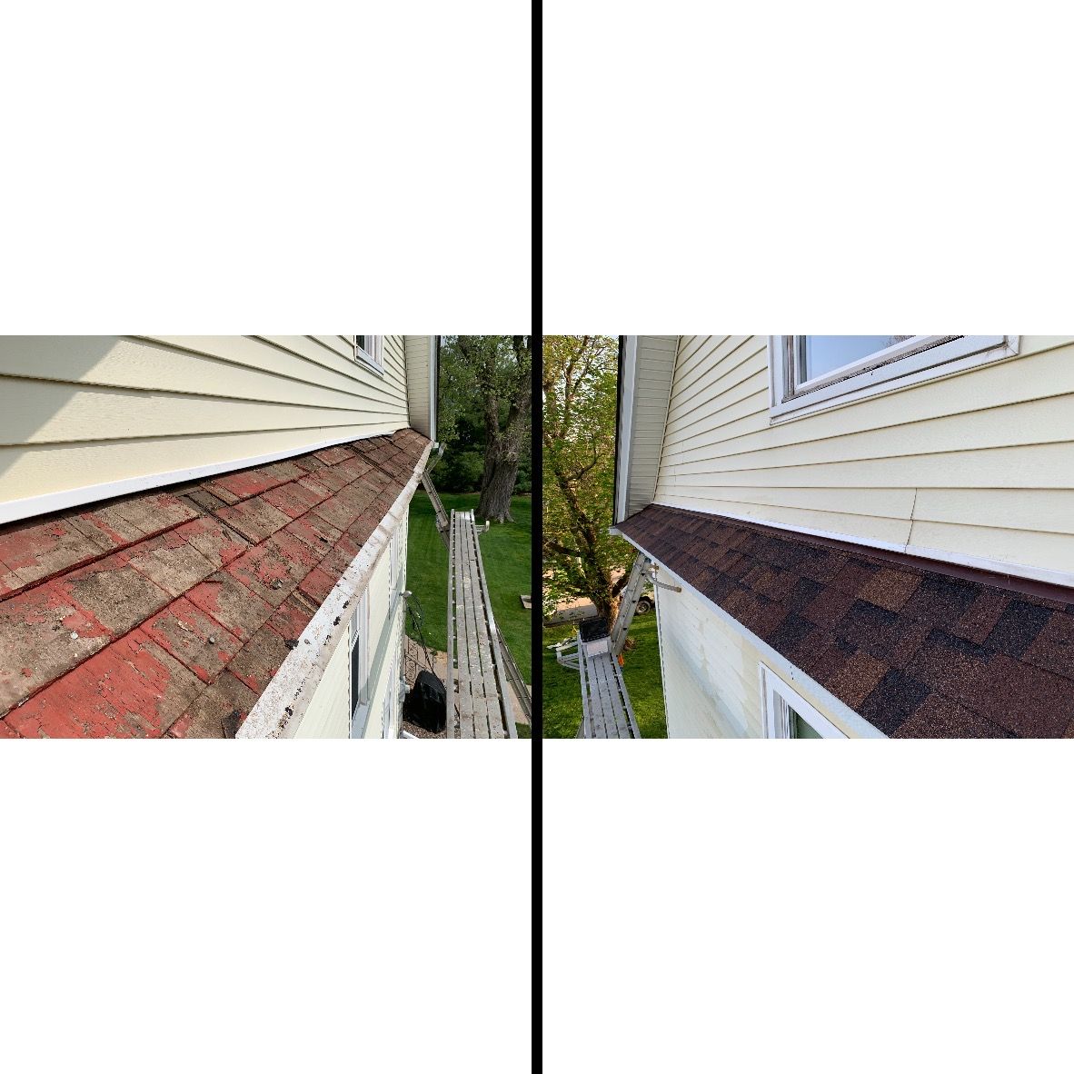 A before and after picture of a gutter on a house.