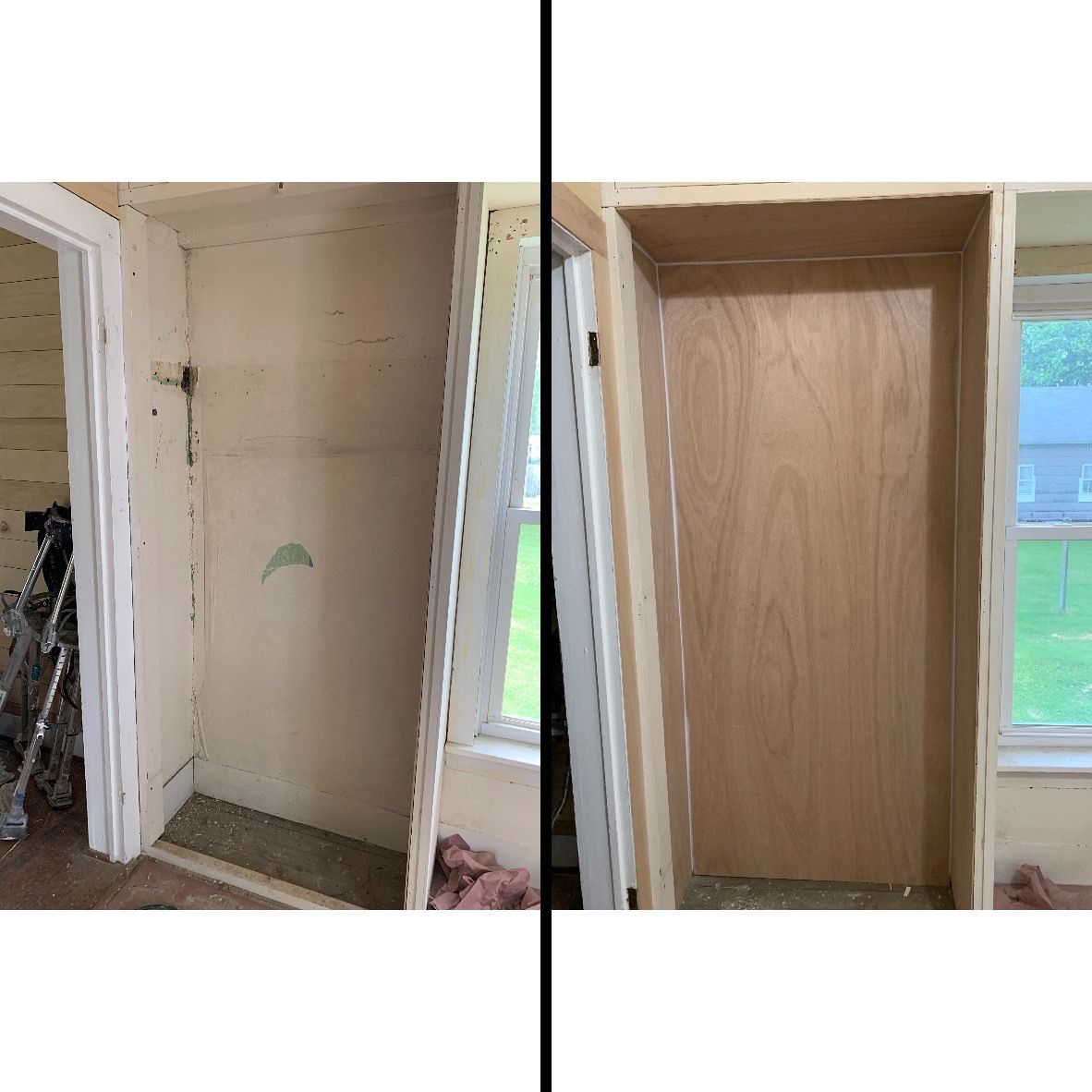 A before and after picture of a room with a door and a window.