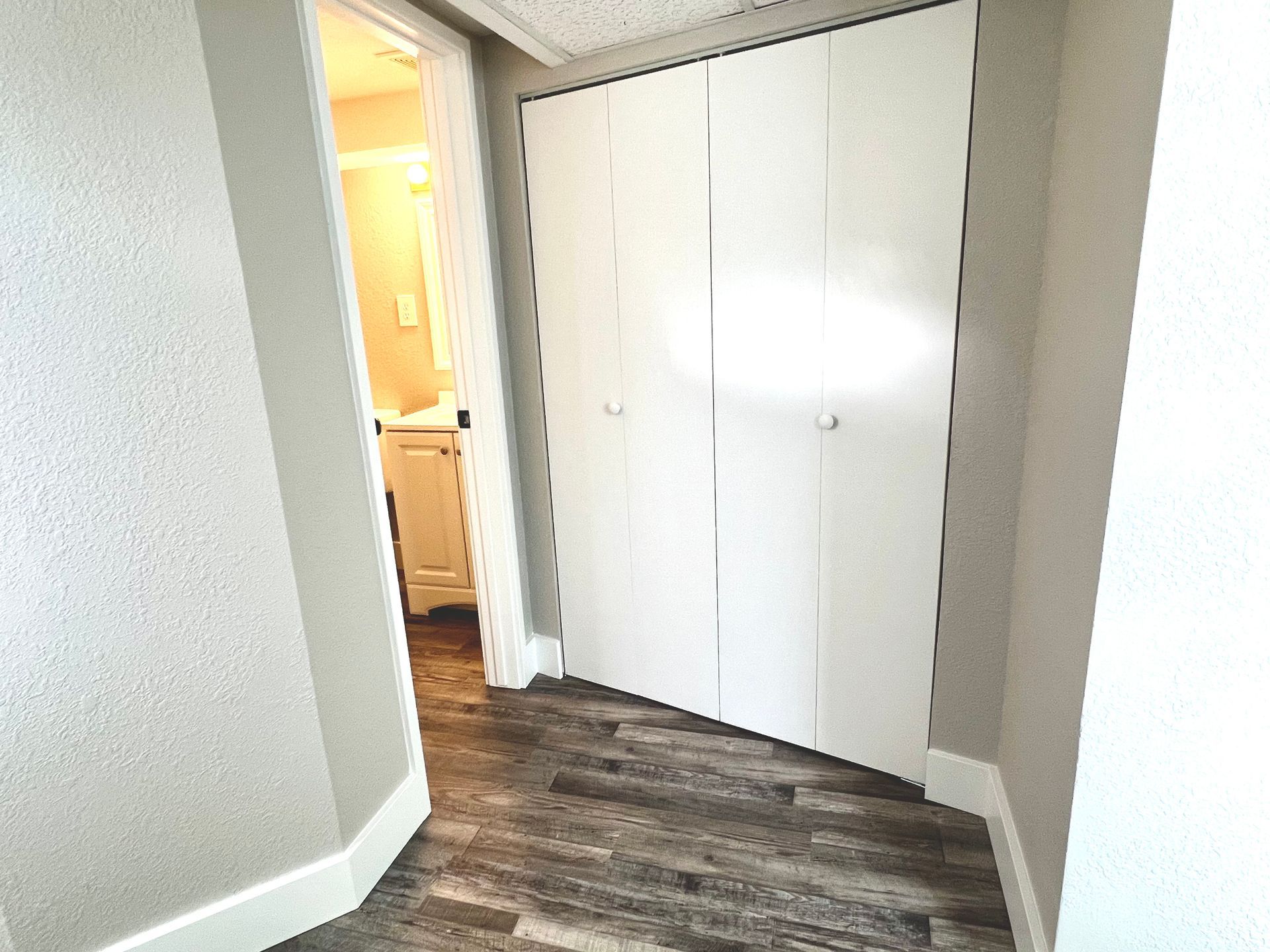 A hallway with a closet and a bathroom in the background.