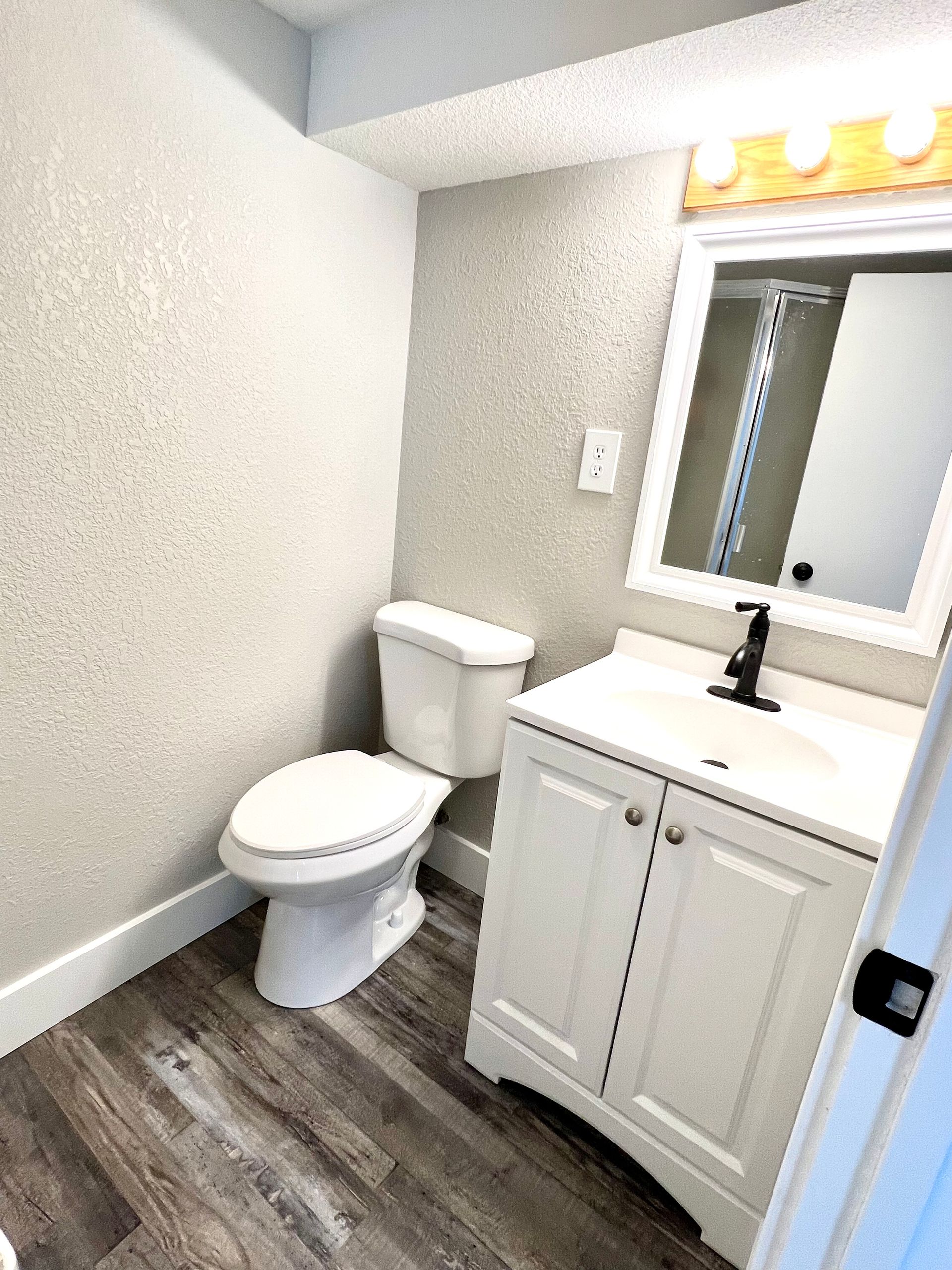 A bathroom with a toilet , sink and mirror.