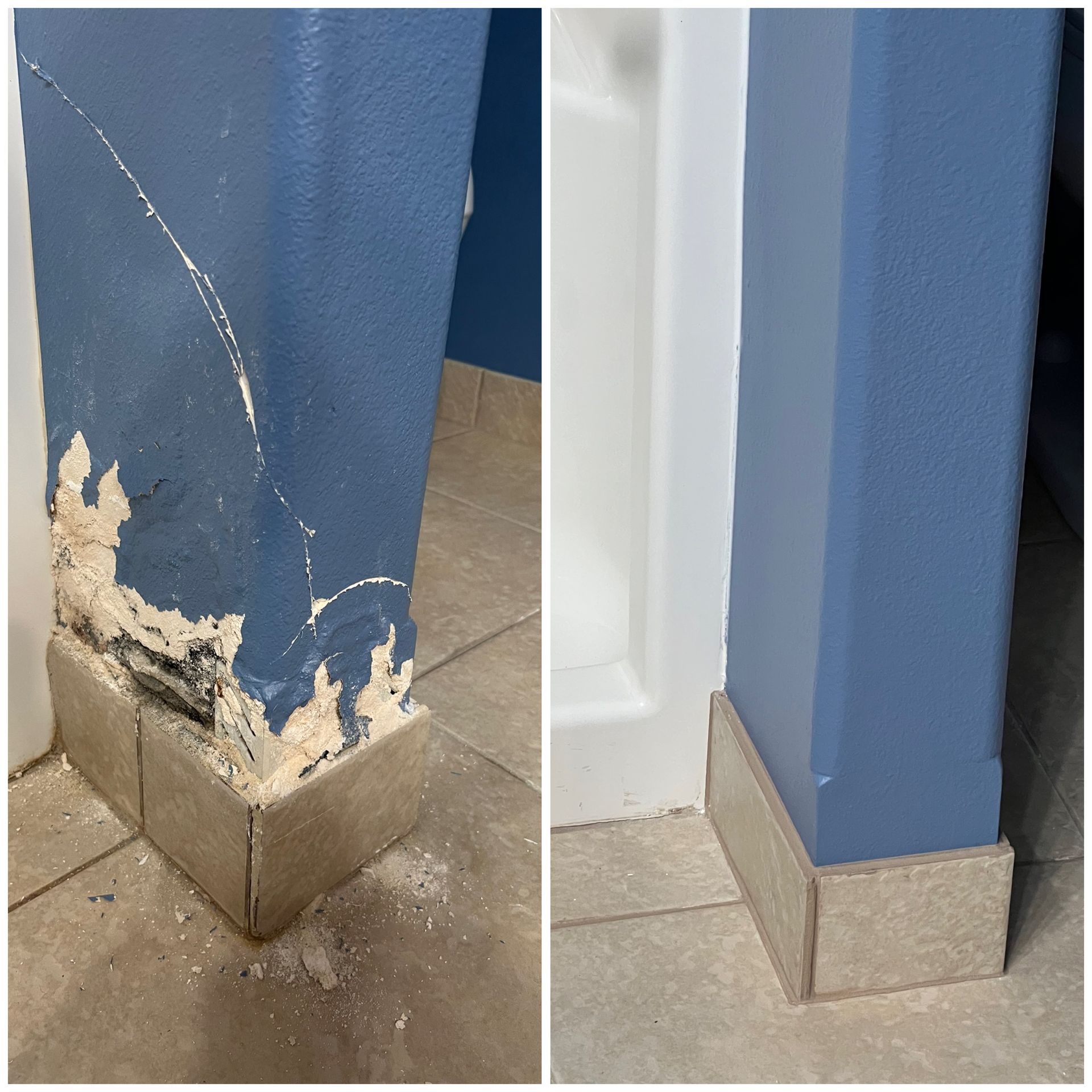 A before and after photo of a blue wall and a white door.