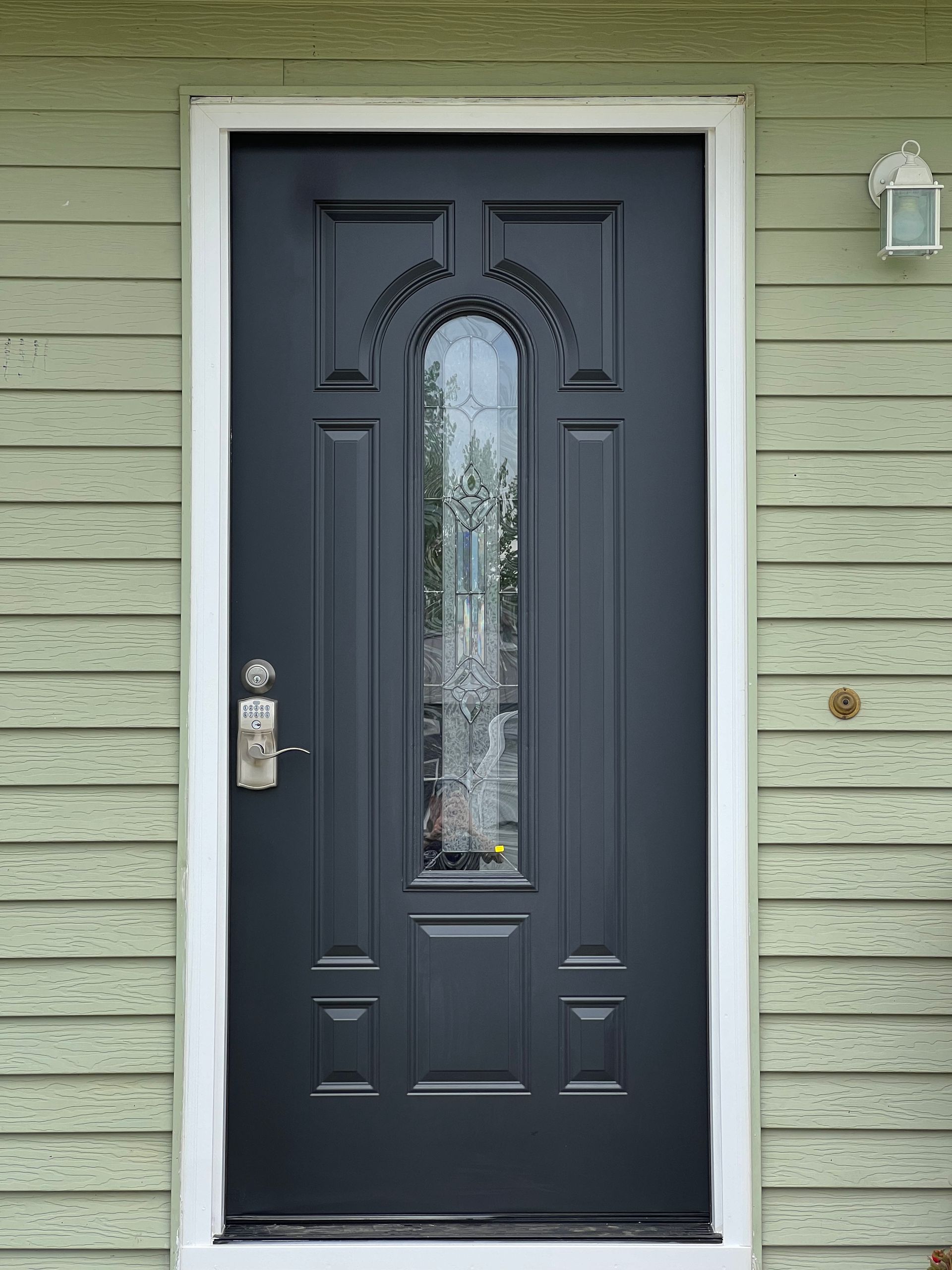 A black door with a glass window is on a green house.