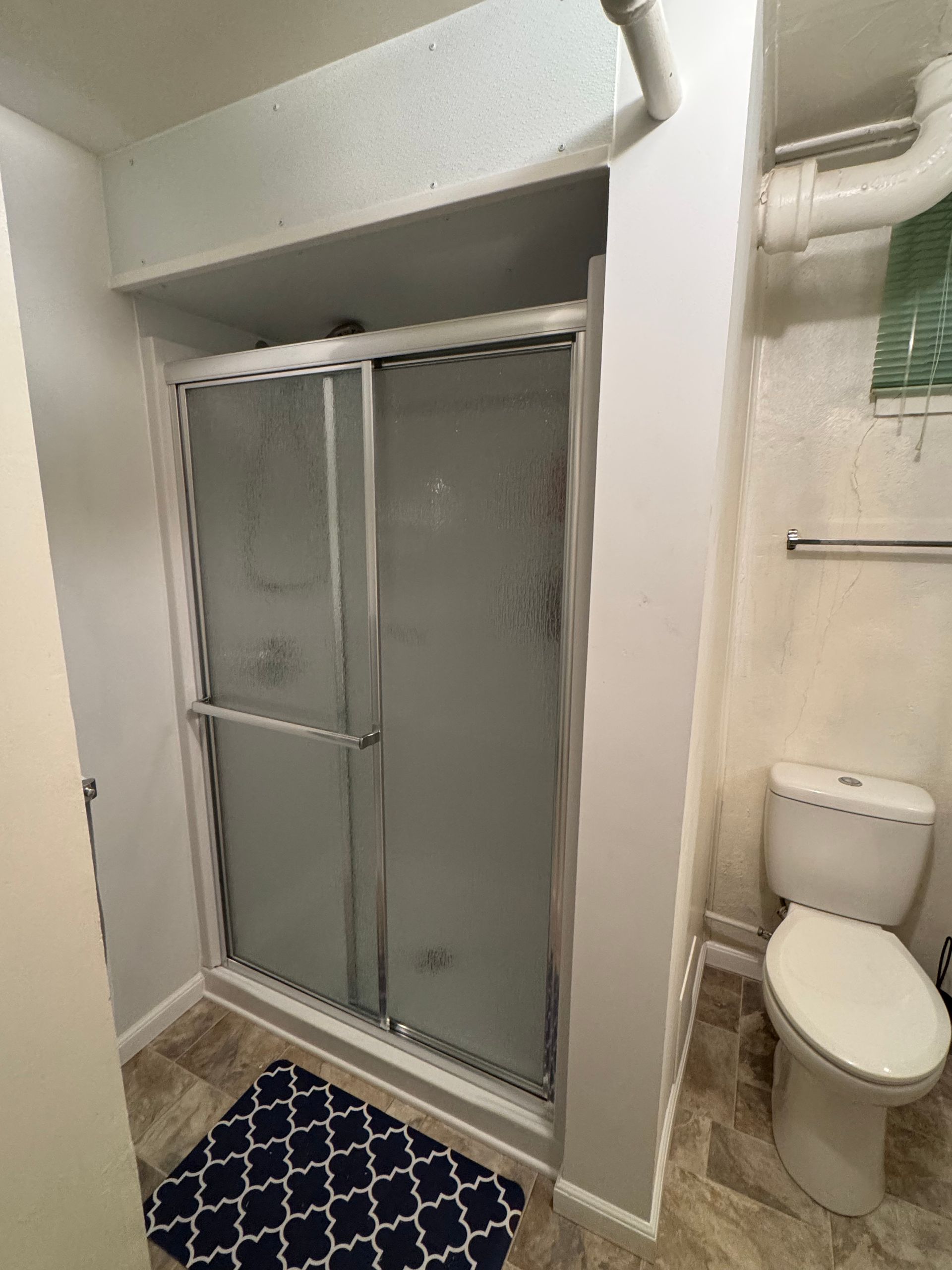 A bathroom with a toilet , shower , and rug.