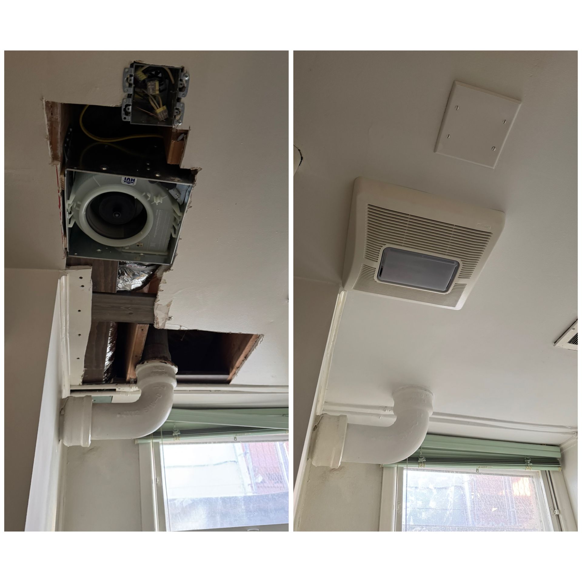 A before and after picture of a ceiling fan being installed in a room.