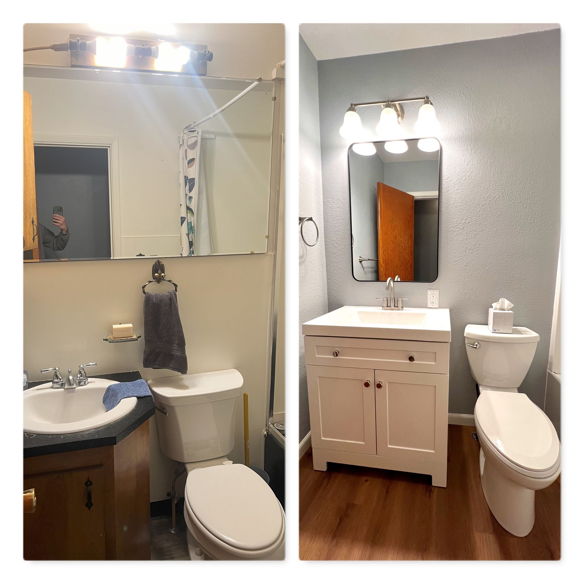 A before and after photo of a bathroom with a toilet and sink