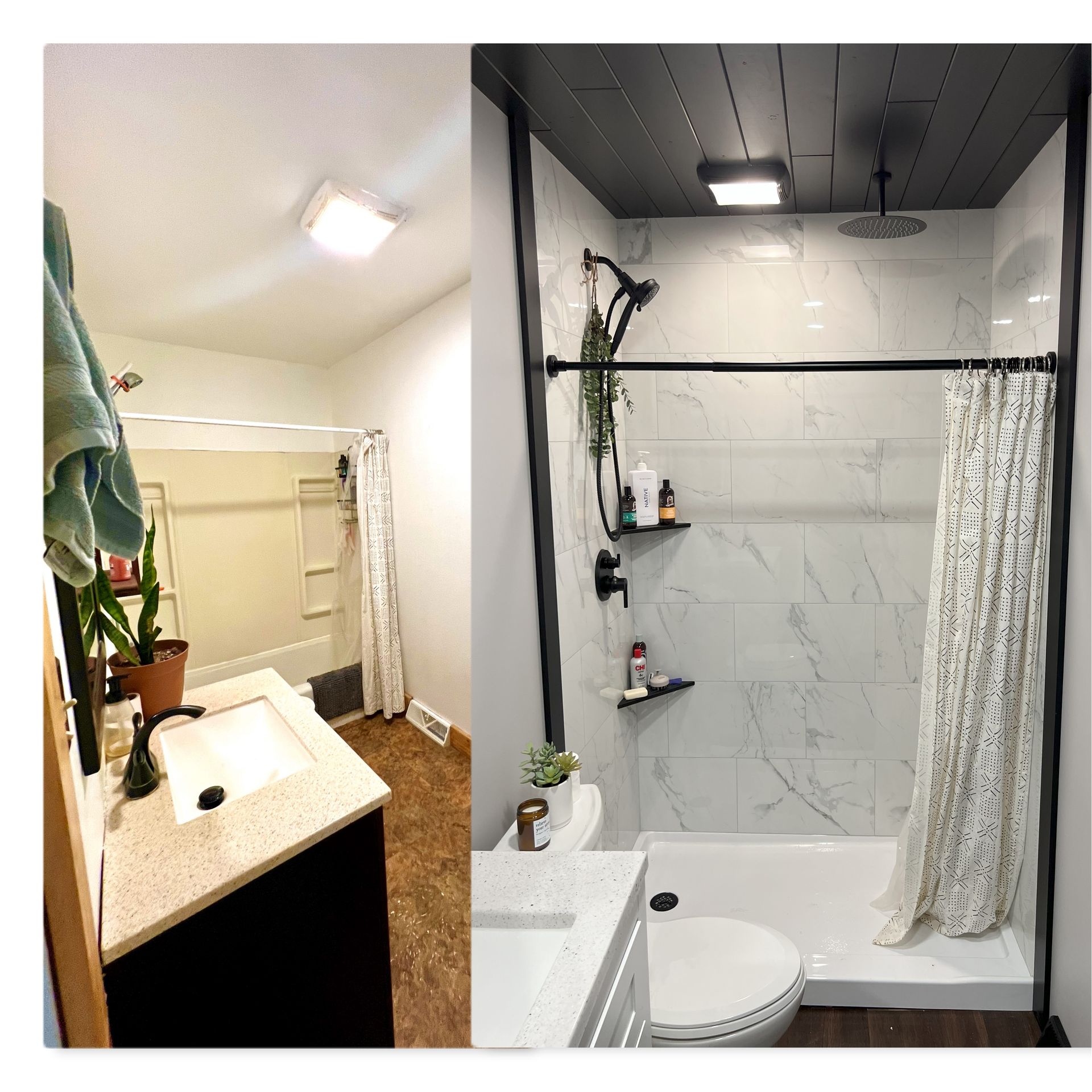 A bathroom with a sink , toilet and shower.