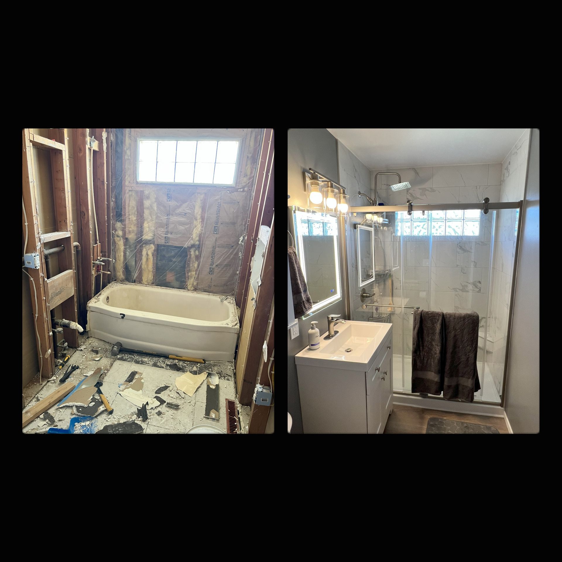 A before and after photo of a bathroom being remodeled.