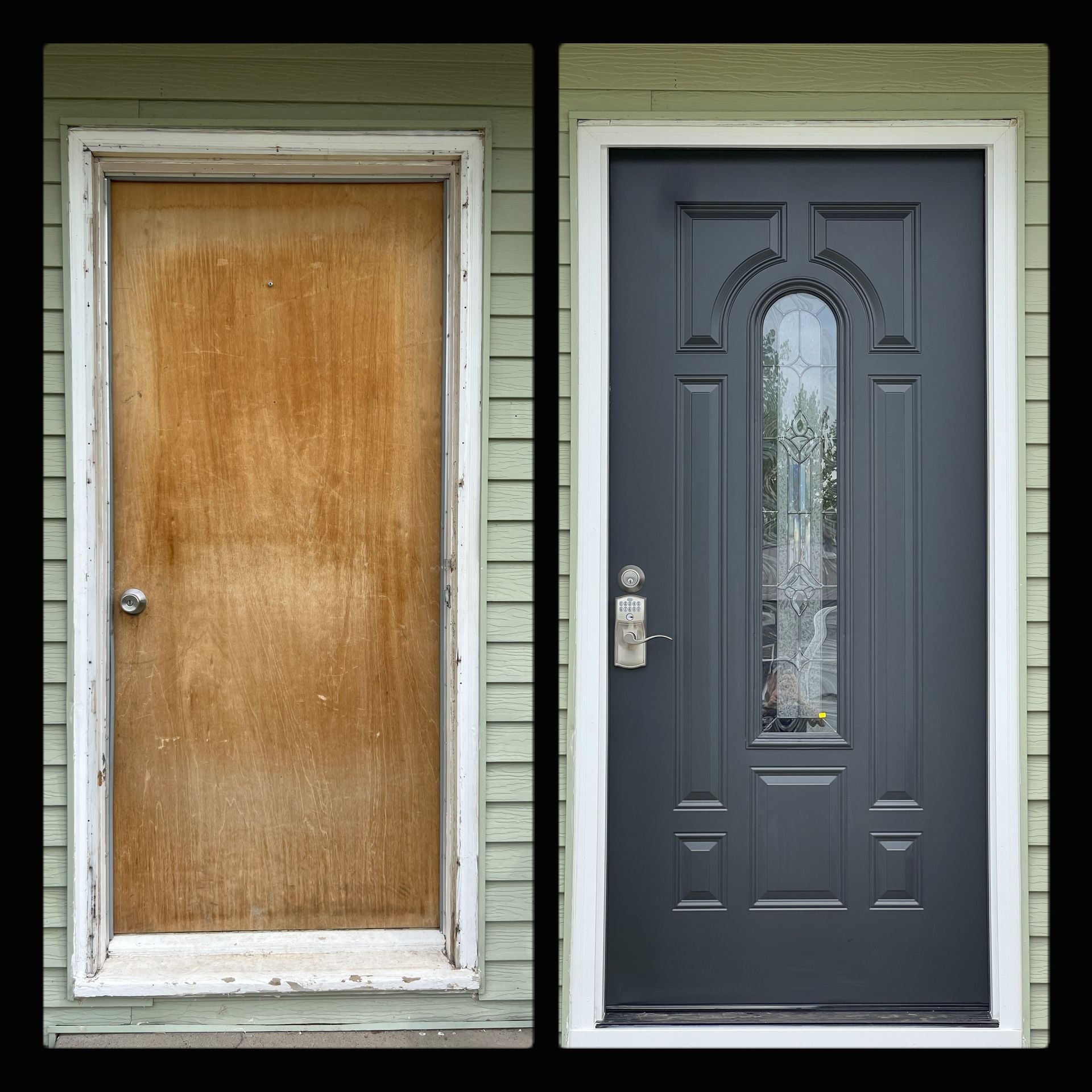 A before and after picture of a door on a house
