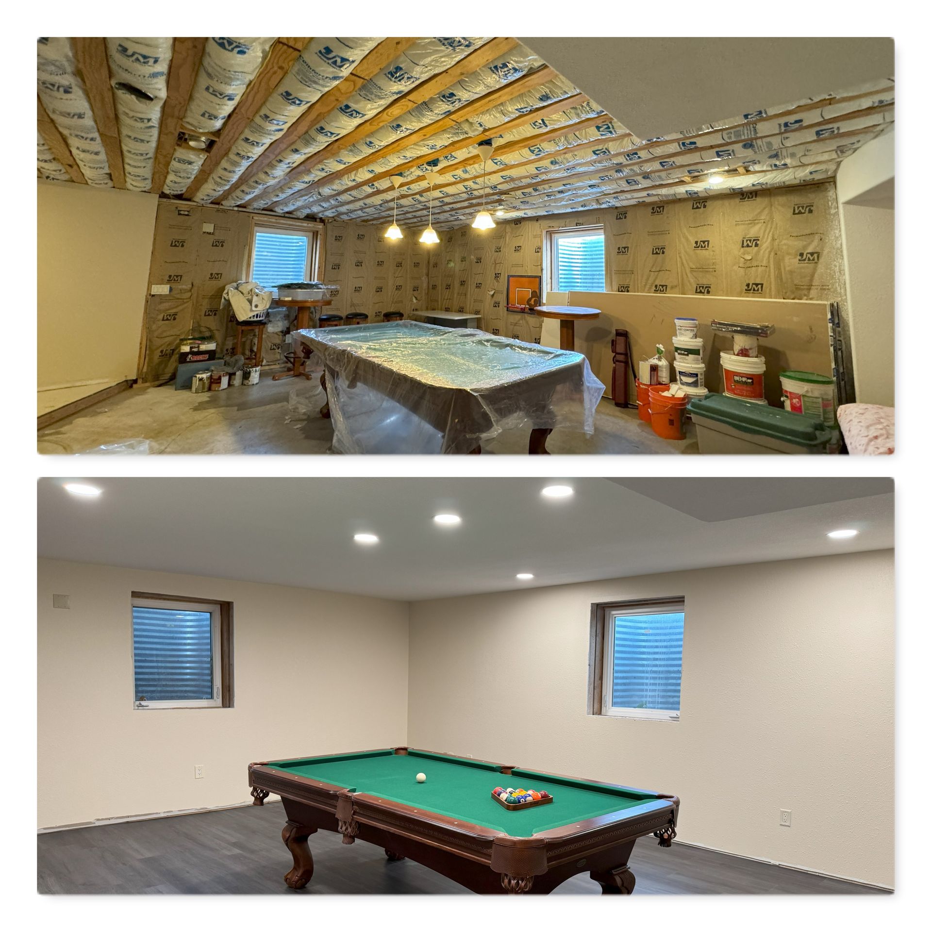 A before and after picture of a pool table in a basement.